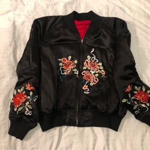Black/red silk bomber jacket with flower pattern embroidery